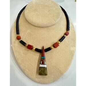 90's Vintage Southwestern Style Mosaic Inlay Necklace Turquoise Jasper